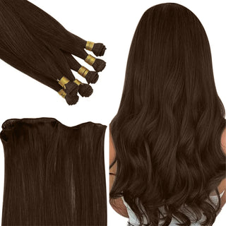 Full Shine Best Hand Tied Weft Hair Extensions 100% Virgin Human Dark Brown (#4)-Virgin Handmade Hair Weft-Full Shine
