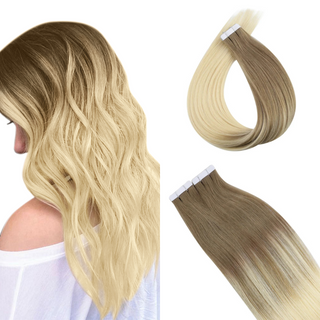 [New Color] Full Shine Best Invisible Injection Tape in Extensions Virgin Human Hair Highlights (#Ba8/60)-Seamless Injection Tape in extension-Full Shine