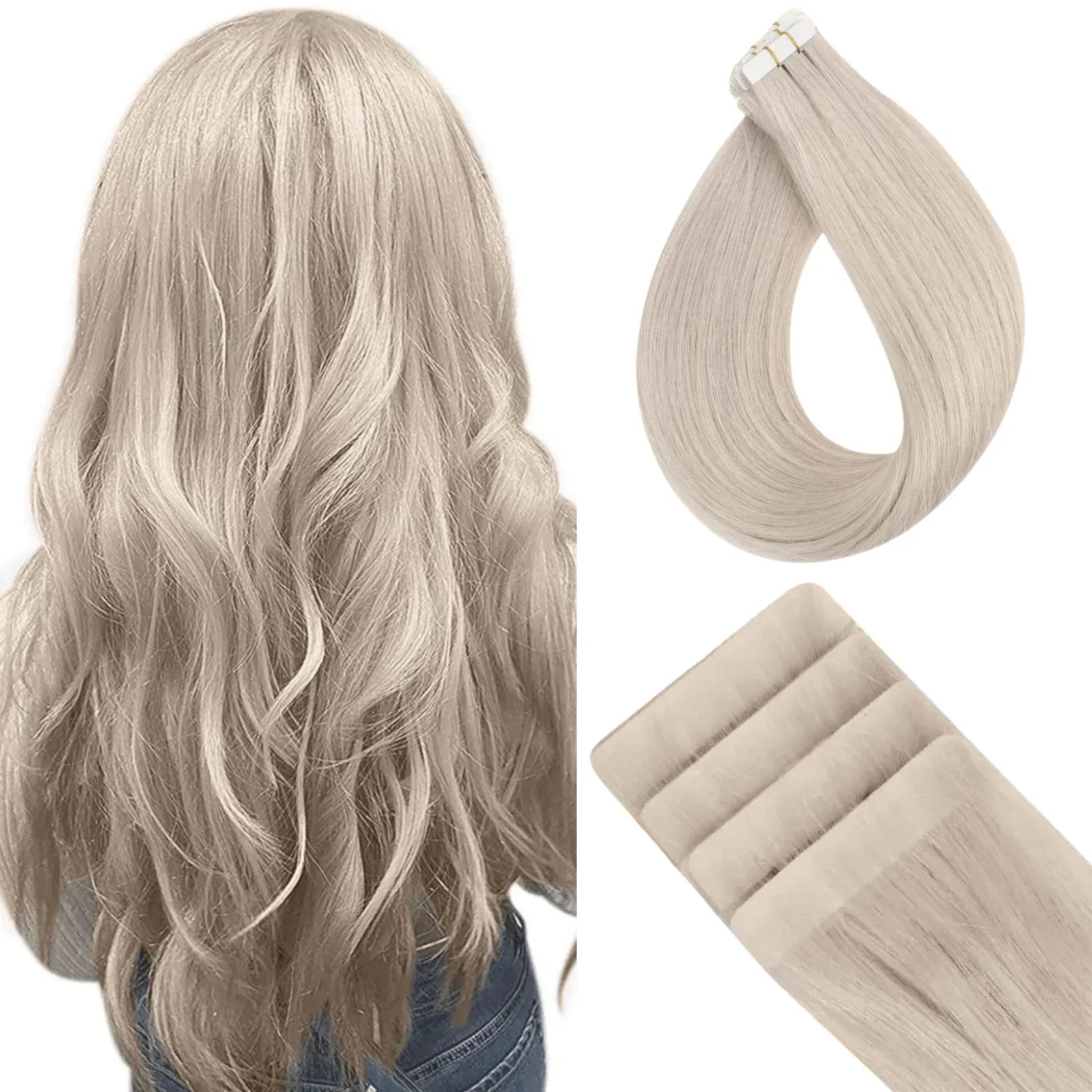 Fullshine platinum blonde virgin tape ins offering an icy bright blonde shade.