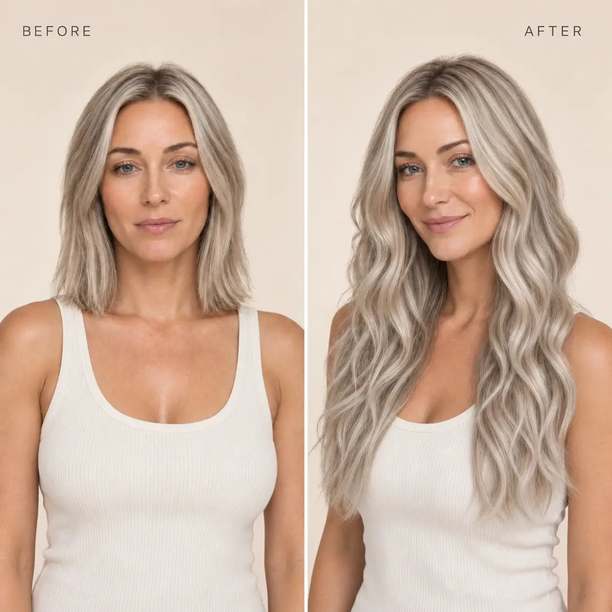 Full Shine hair extensions before and after featuring balayage hair color, ash brown hair, natural highlights, seamless blend and premium hair extension transformation
