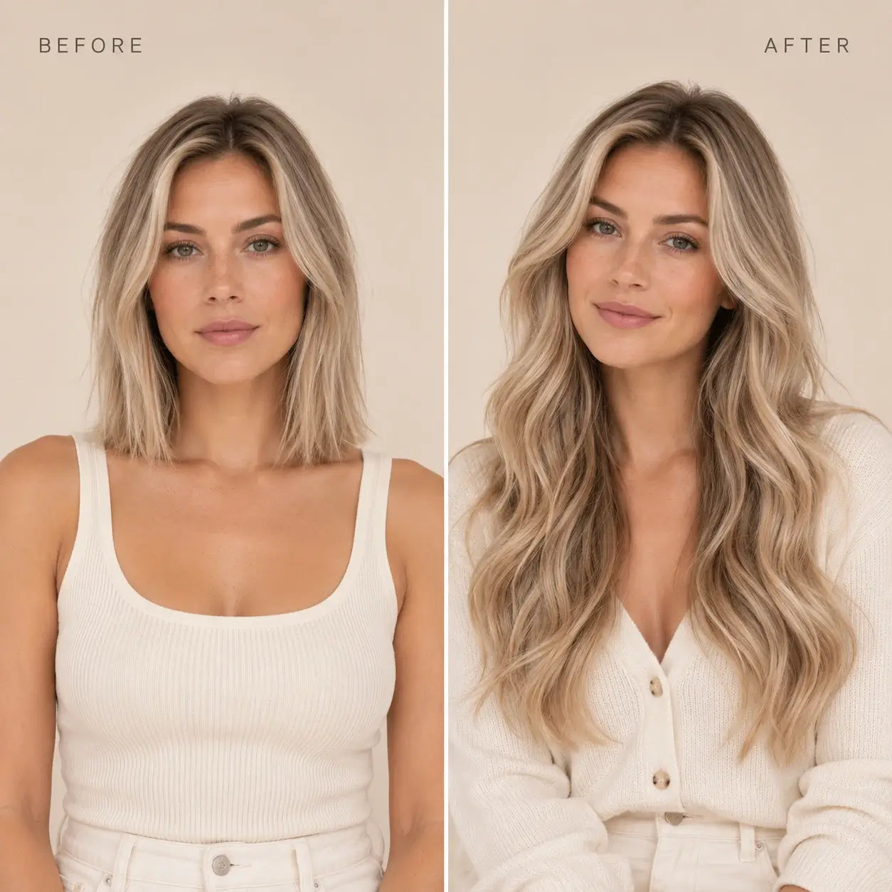 Full Shine hair extensions before and after showing longer hair length, natural looking extensions, seamless hair blend and enhanced hairstyle transformation