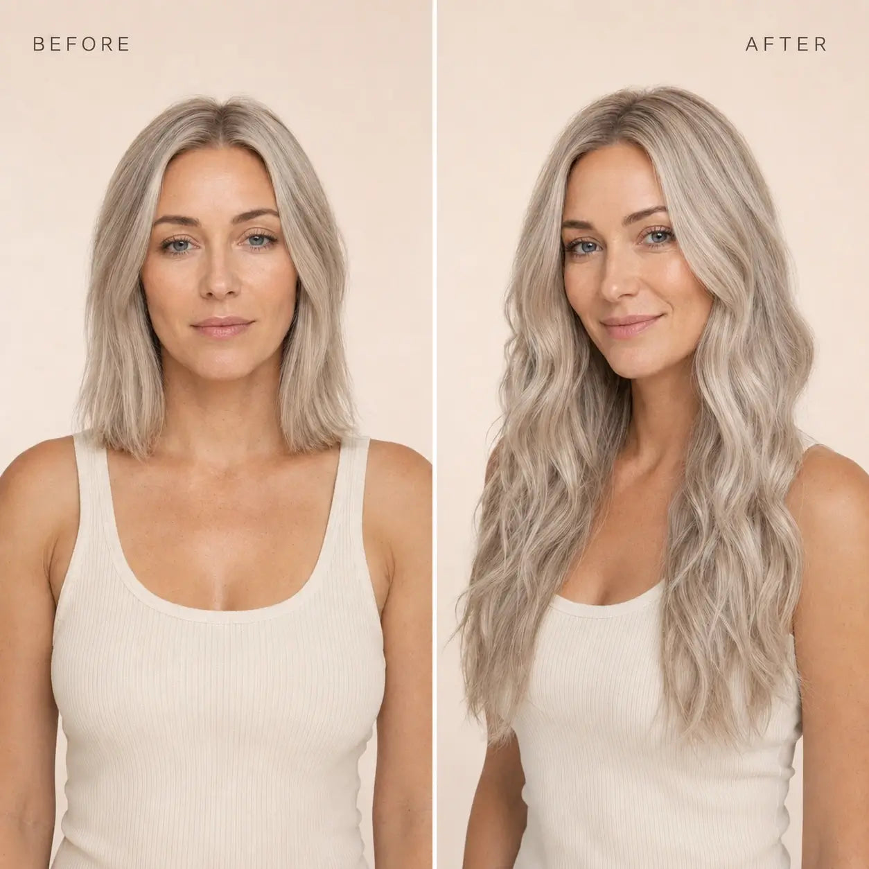 Full Shine hair extensions before and after featuring balayage hair color, ash brown hair, natural highlights, seamless blend and premium hair extension transformation