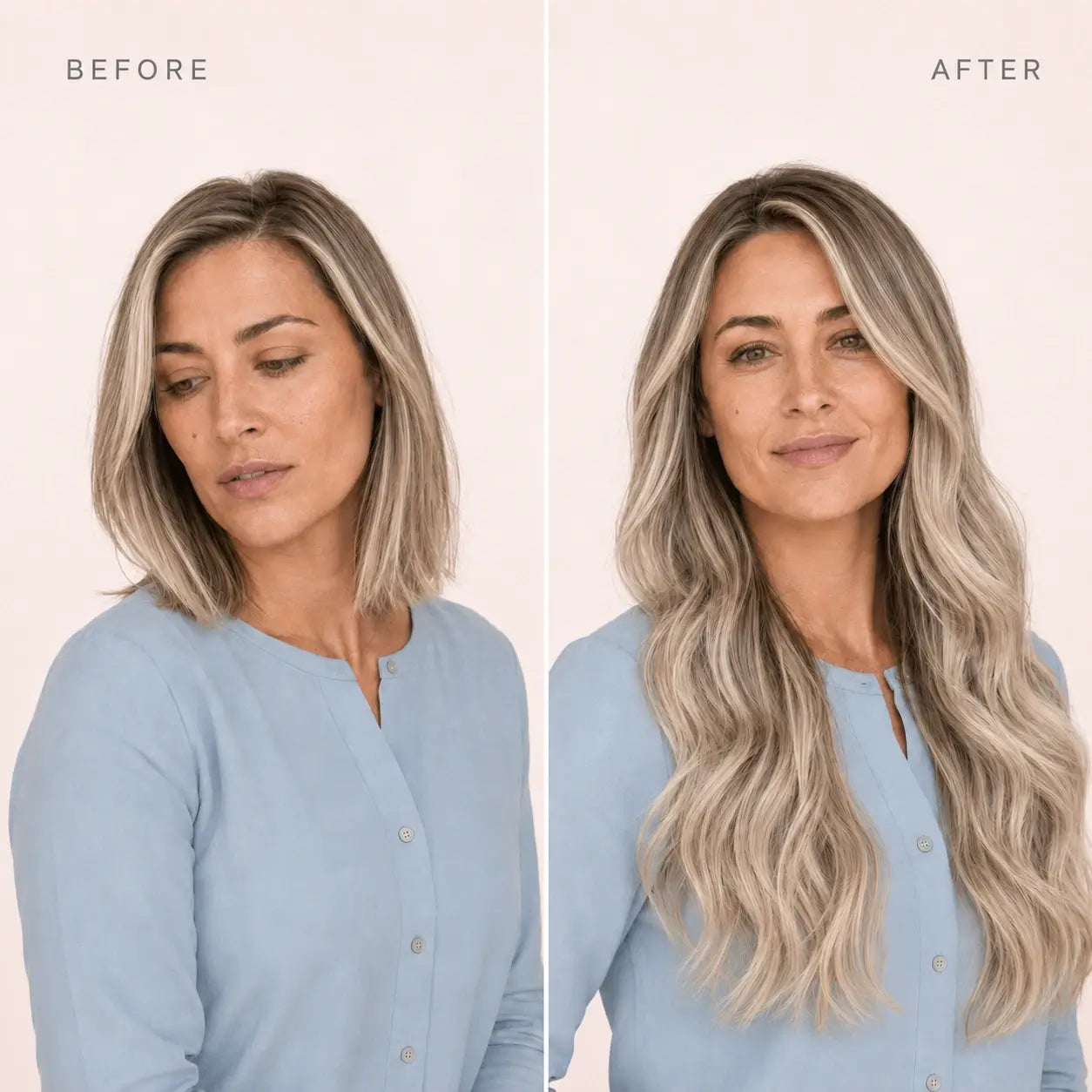 Full Shine hair extensions before and after showing longer hair length, natural looking extensions, seamless hair blend and enhanced hairstyle transformation