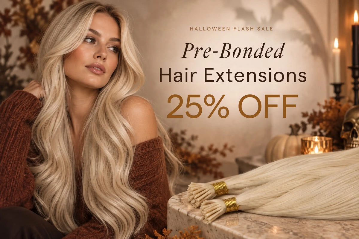 Full Shine Pre-Bonded Hair Extensions with 25% off for a limited-time sale, offering customized length, natural movement, and professional installation.
