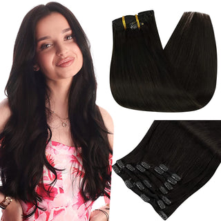 Full Shine Clip in Extensions 100% Remy Human Hair 7 Pieces Off Black (#1B)-Clip In Extensions-Full Shine