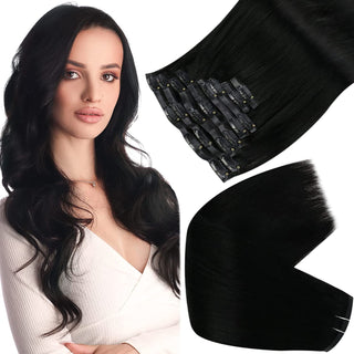 Full Shine PU Seamless Clip in Extensions 100% Remy Human Hair 8 Pieces Jet Black (#1)-PU clip in extension-Full Shine