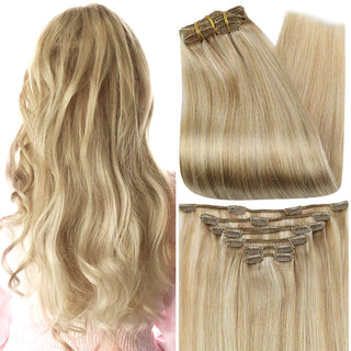 Full Shine Clip in Extensions 100% Remy Human Hair 7 Pieces Highlights (#P24/27)-Clip In Extensions-Full Shine
