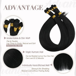 Full Shine virgin hair bundles 100% human hair hand tied hair extensions Jet Black hand tied weft extensions