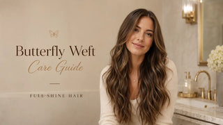 Butterfly Weft Extensions care guide featuring natural looking human hair extensions with soft waves and seamless volume
