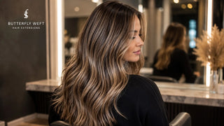 Professional stylist installing Butterfly Weft hair extensions using silicone-lined micro beads for a flat and seamless result.