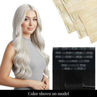 Full Shine platinum blonde genius PU clip in hair extensions with invisible PU edge.