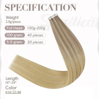 Balayage Blonde Virgin Tape in Extensions 100% Human Hair #18/22/60