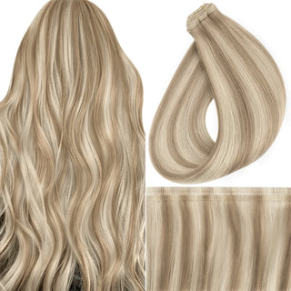 Full Shine Flat Silk Weft Virgin Sew In Human Hair Extensions Highlights (#P18/613)-Virgin Pu Hair Weft-Full Shine