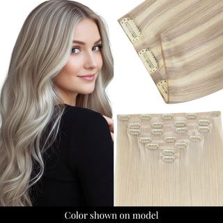 Full Shine blonde lowlight thin PU clip ins for an undetectable finish.