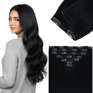 Full Shine black injection PU clip in hair extensions seamless blend