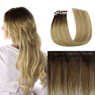 Full Shine Hand Tied Weft Hair Extensions 100% Virgin Human Balayage (#3/8/22)-Virgin Handmade Hair Weft-Full Shine