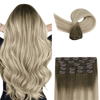 [New Color]Full Shine Best Hair Clip in Extensions 100% Virgin Human Hair 7 Pieces Balayage (#4/7/80)
