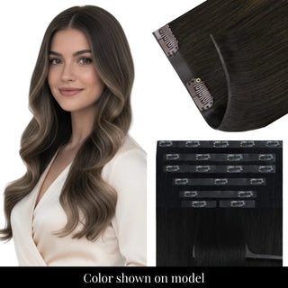 Full Shine balayage brown genius PU clip in hair extensions with ultra-thin invisible PU weft.