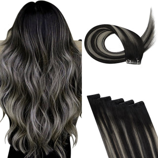 Full Shine Seamless Injection Tape in Extensions Virgin Human Hair Balayage Highlights (#1B/Silver/1B )-Seamless Injection Tape in extension-Full Shine