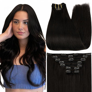 Clip in Extensions 100% Remy Human Hair 7 Pieces Off Black (#1B)