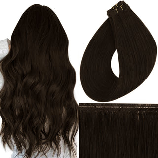 Full Shine Flat Silk Weft Virgin Sew In Human Hair Extensions Darkest Brown (#2)-Virgin Pu Hair Weft-Full Shine