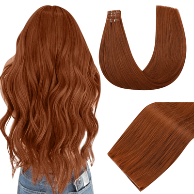Full Shine Genius Weft Hair Extensions, Virgin Human Hair, Copper Red Hair Extensions, Hybrid Weft Extensions, Seamless Weft Hair, Natural Red Hair Weft, Long-Lasting Human Hair Extensions, Thick and Voluminous Weft, Salon-Grade Hair Extensions