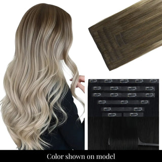 Soft PU injected balayage brown human hair clip ins