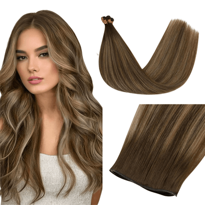 Full Shine Virgin Hair Genius Weft Hair Extensions Balayage Brown, 100% Human Hair, Hybrid Weft Extensions, Sew-In Weft Bundles, Soft Silky Hair, Natural Brown Base with Blonde Highlights