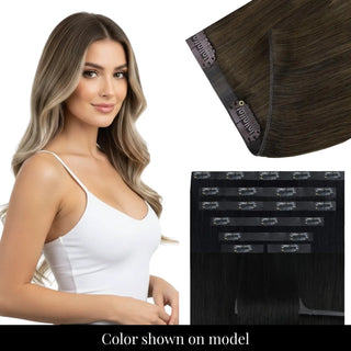 Balayage blonde thin PU clip ins offering seamless blending by Full Shine.