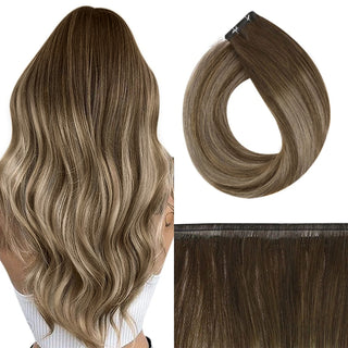 Full Shine Flat Silk Weft Virgin Sew In Human Hair Extensions Balayage Highlights (#4/27/4)-Virgin Pu Hair Weft-Full Shine