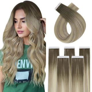 Virgin Tape in Human Hair Extensions Balayage Brown with Blonde #4/7/80