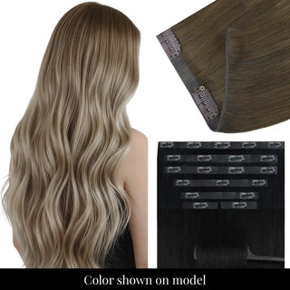 Full Shine seamless injection PU clip ins in multi-tone balayage brown.