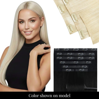 Full Shine bleach blonde genius PU clip in hair extensions with ultra-thin PU band.