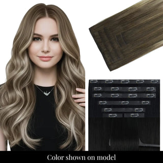 Full Shine balayage brown hair extensions injected PU base