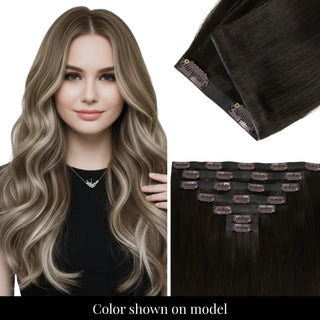 Full Shine balayage brown hair extensions injected PU base