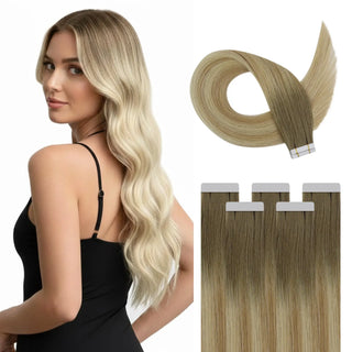 Fullshine blonde lowlights virgin tape ins create soft contrast for natural dimension.