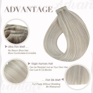 Ashy blonde shades blended with natural lowlights designed in invisible wefts.