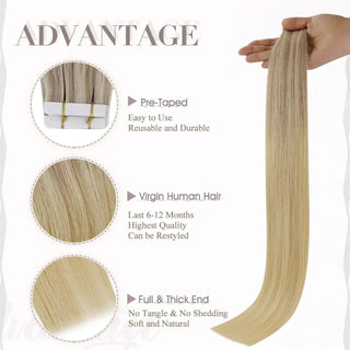 Balayage blonde tape in extensions from Full Shine feature virgin hair with blended blonde tones for a seamless finish.