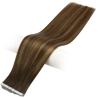 Balayage brown Brazilian virgin tape in hair extensions from Full Shine provide natural movement and volume.