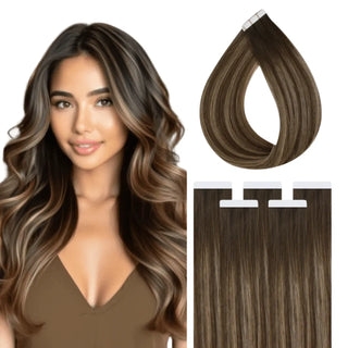 Fullshine brown balayage virgin tape in extensions blend soft brown and blonde hues naturally.
