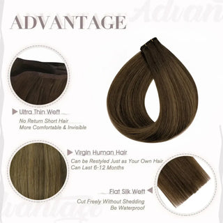 Rich brown balayage blending into blonde highlights with Fullshine invisible wefts.