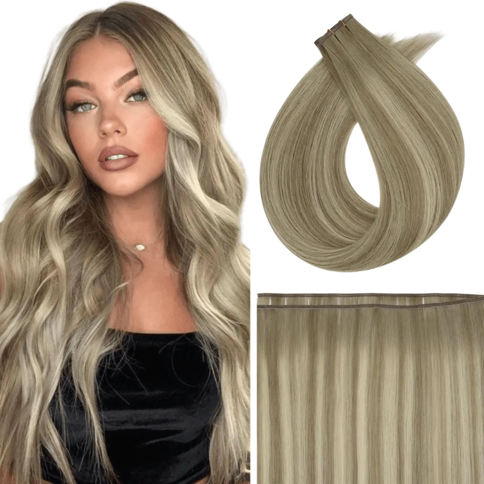Fullshine virgin light ash brown balayage hair with blonde highlights for a cool, blended tone.