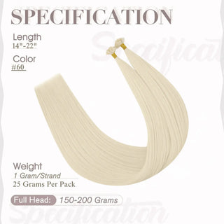 Full Shine bleach blonde K tip hair extensions use virgin human hair and keratin bonded tips for seamless length and fullness.