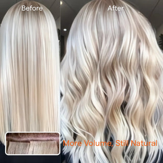 Fullshine blonde extensions with rose brown lowlights for natural warm contrast.