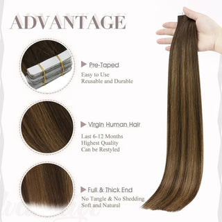 Brazilian hair tape ins from Full Shine in balayage brown are made with virgin hair for soft texture and natural blending.