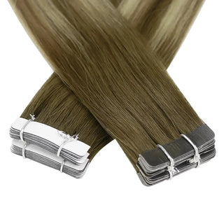 Brown balayage human hair extensions from Full Shine feature virgin tape in hair for a smooth natural finish.