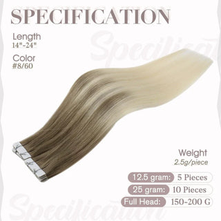 Fullshine ombre tape ins transitioning from rich brown to warm blonde.