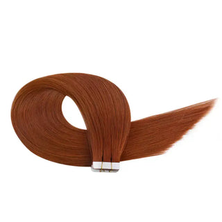 Copper red tape in hair extensions from Full Shine use real virgin hair for softness, shine, and natural styling.