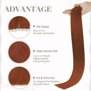 Copper red virgin hair tape in extensions from Full Shine provide soft texture, natural movement, and beautiful length.
