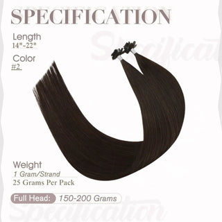 Dark brown Full Shine K tip hair extensions use virgin human hair and keratin bonded tips for a seamless natural blend.